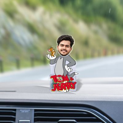 Personalized Tom & Jerry Cartoon Theme Funny Face Caricature Birthday Return Gift for Kids, Girls & Boys Solar Powered Moving Head for Car Dashboard & Table Decor